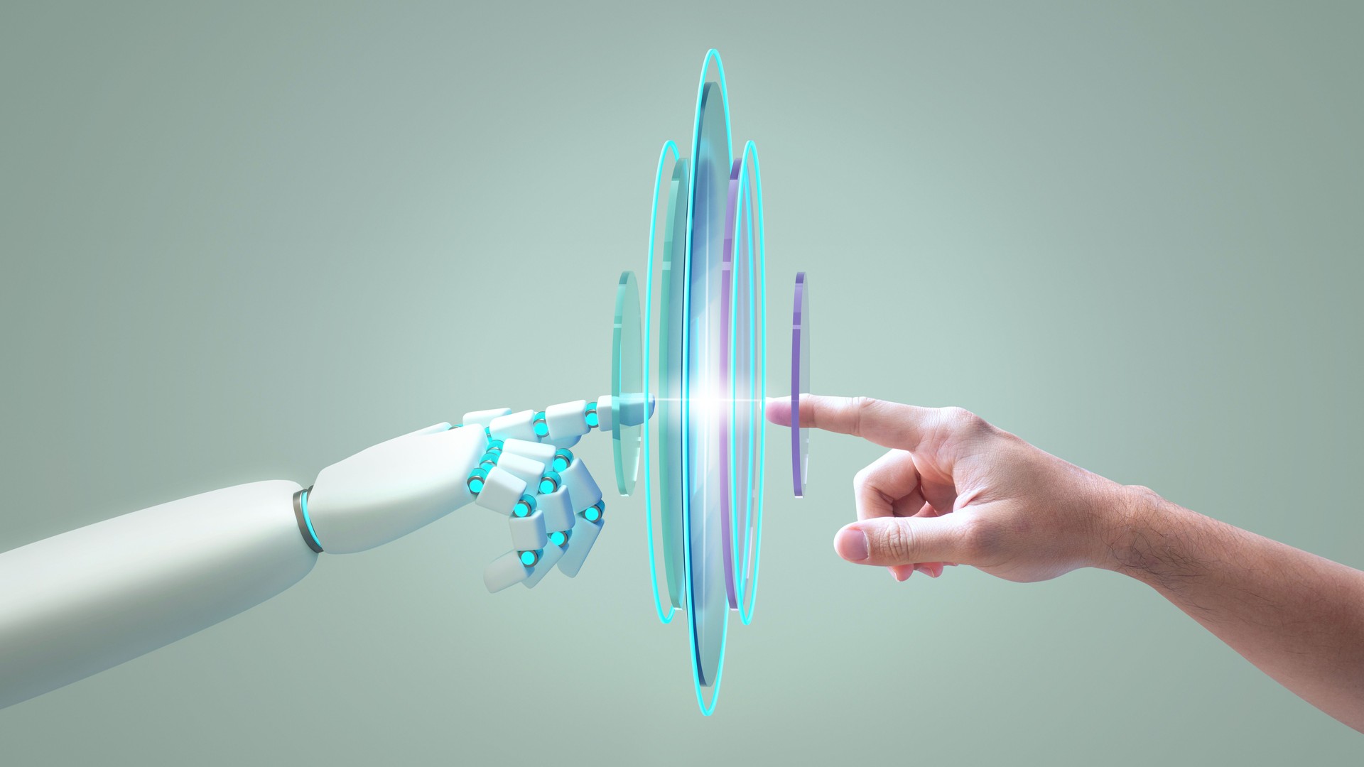 A robot hand and a human hand touching each other, technology, generative ai, artificial intelligence, llm, large language model concept